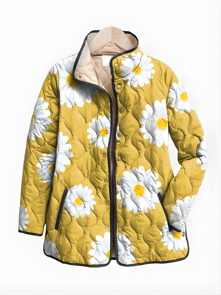 Quilted floral jacket in mustard yellow with large white daisy prints