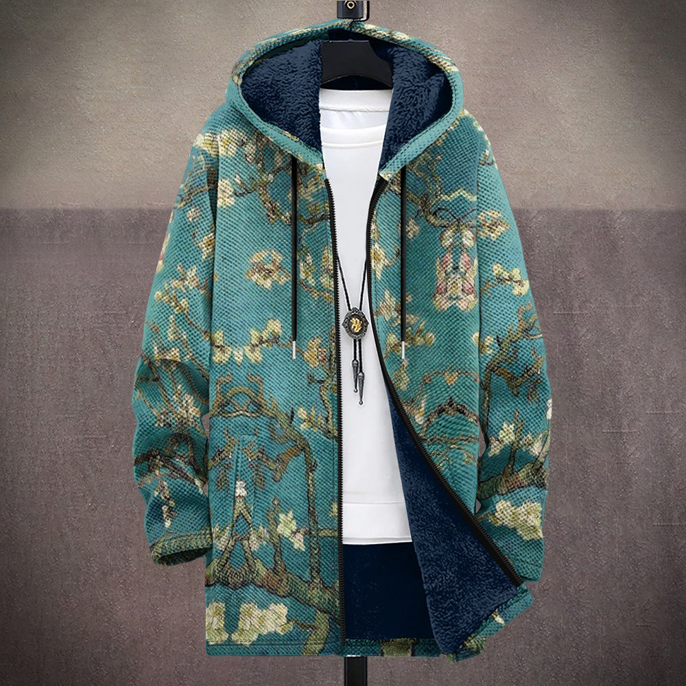Multicolored patterned hooded cardigan with navy lining, front zip, drawstring