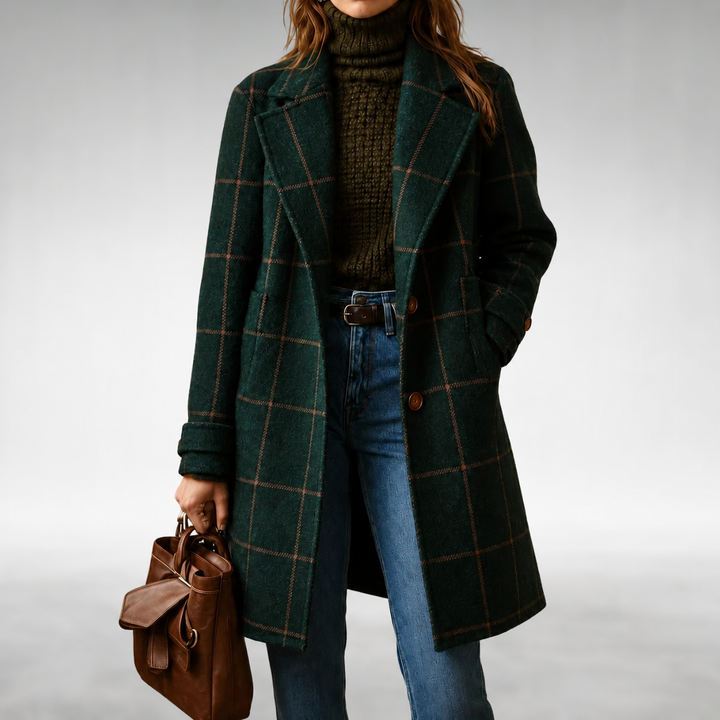 Green checkered coat with button front and notch lapels, long sleeves.