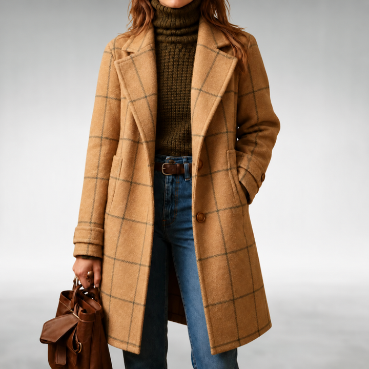 Khaki checkered coat with button front and notch lapels, long sleeves.