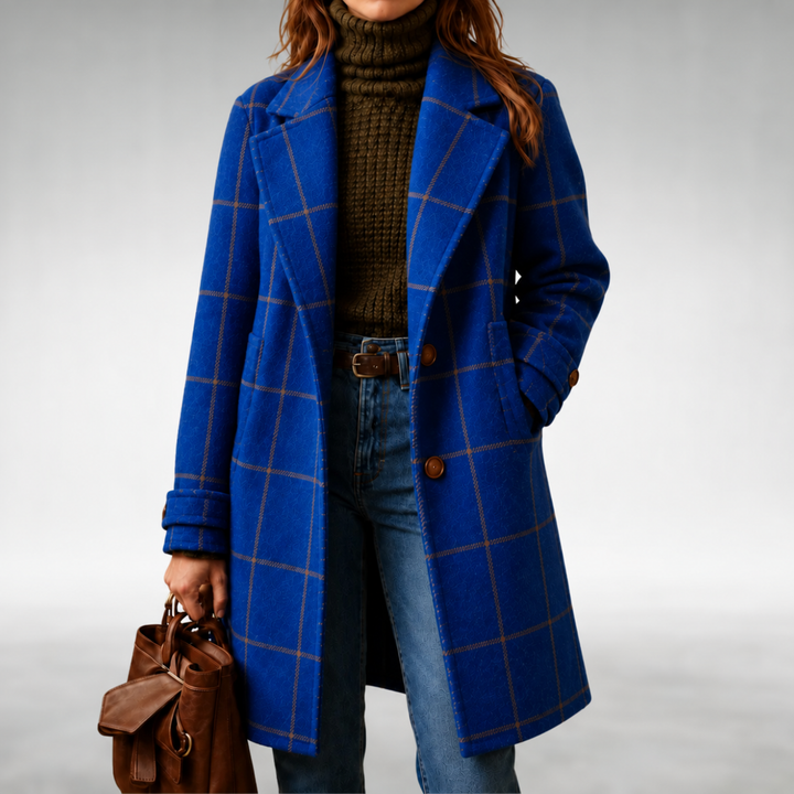 Blue checkered coat with button front and notch lapels, long sleeves.