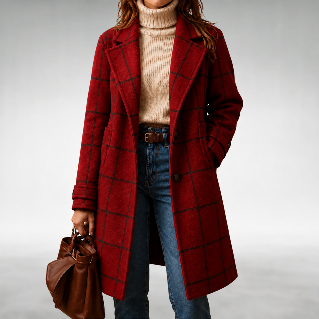Red checkered coat with button front and notch lapels, long sleeves.