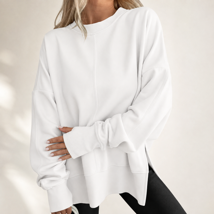 Relaxed crewneck top, white, long sleeves with dropped shoulder and front seam