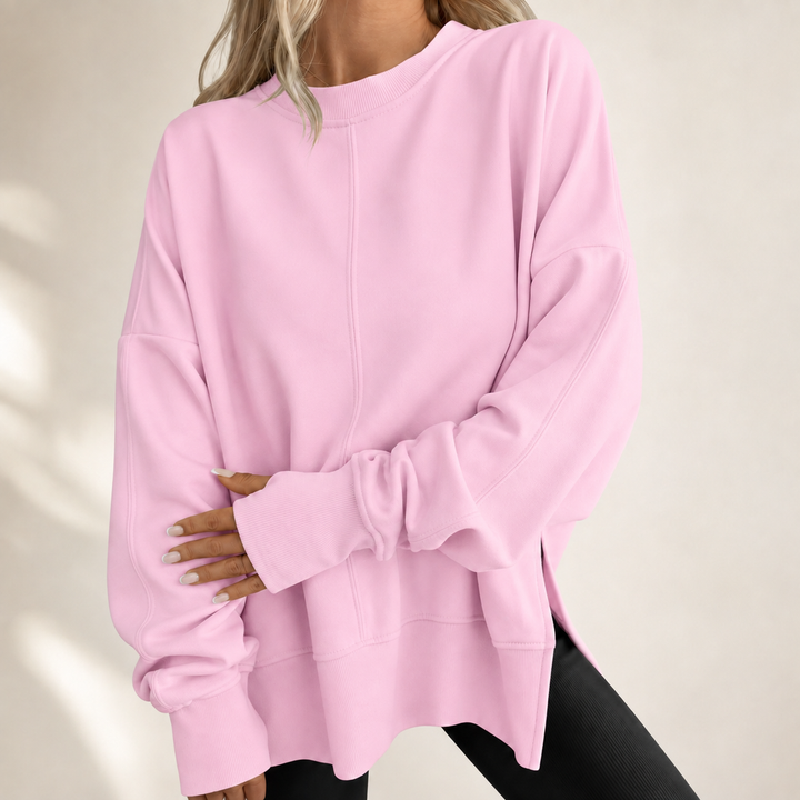 Relaxed crewneck top, pink, long sleeves with dropped shoulder and front seam