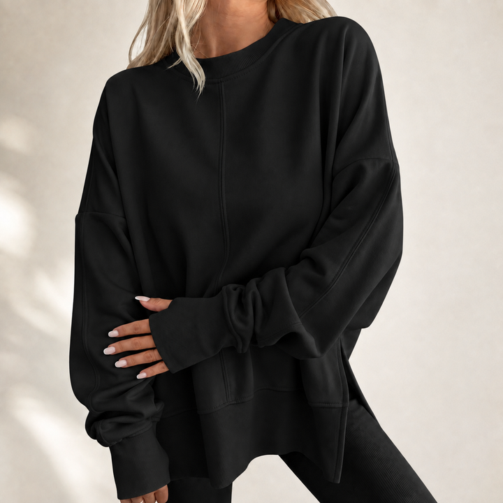 Relaxed crewneck top, black, long sleeves with dropped shoulder and front seam