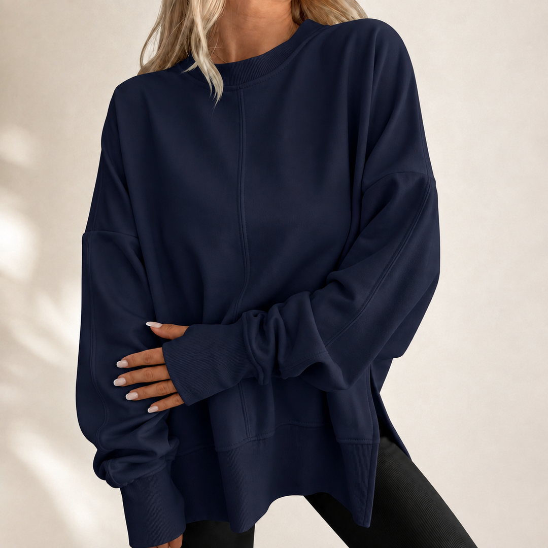 Relaxed crewneck top, navy blue, long sleeves with dropped shoulder and front seam
