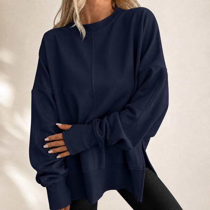 Relaxed crewneck top, navy blue, long sleeves with dropped shoulder and front seam