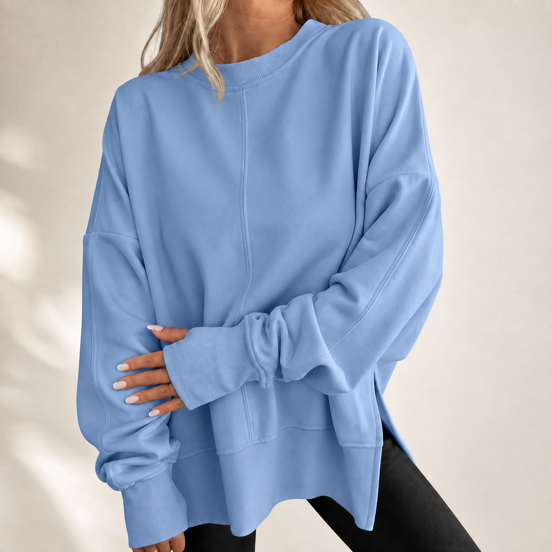 Relaxed crewneck top, sky blue, long sleeves with dropped shoulder and front seam