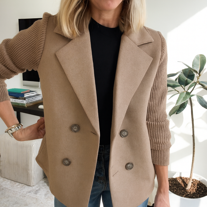 Brown ribbed blazer coat with notch lapels and round button details