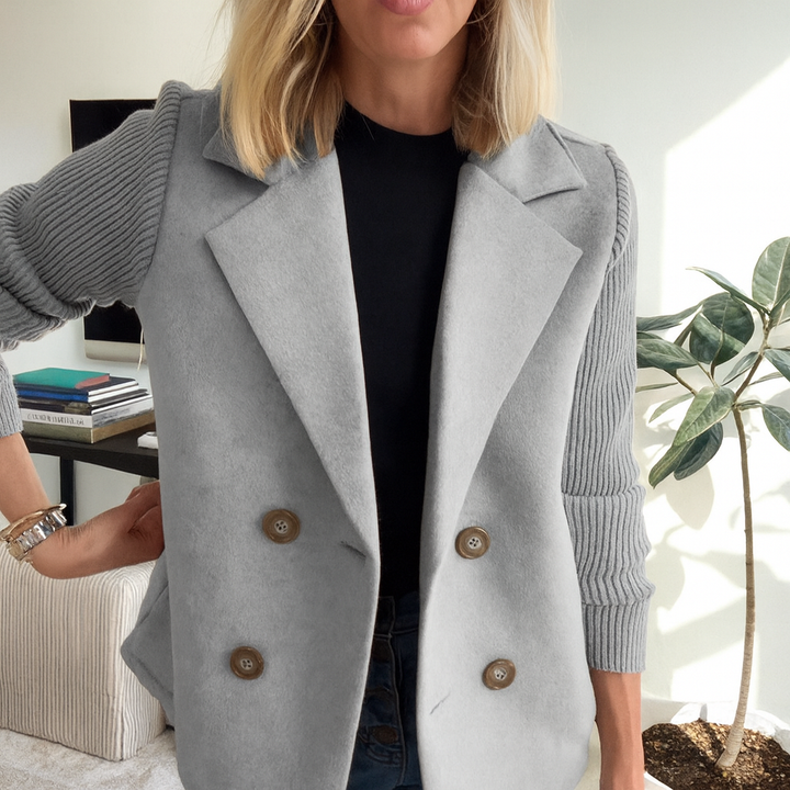 Ribbed blazer coat in grey with notch lapels and double-breasted wooden buttons