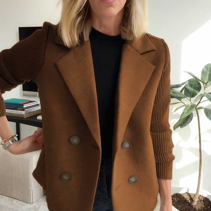 Brown ribbed blazer coat with notched lapels and double-button front