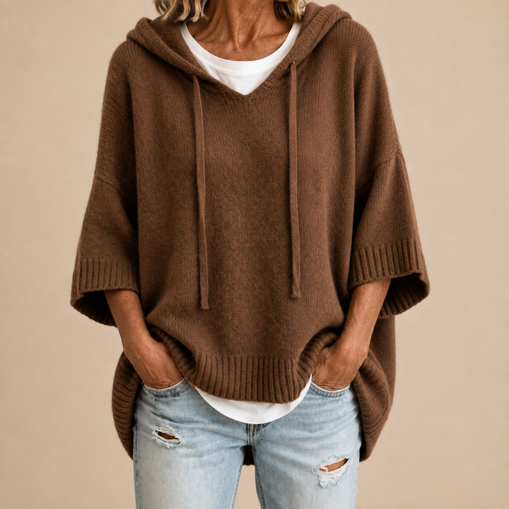 Brown knit poncho sweater with hood, loose fit, short sleeves, ribbed cuffs