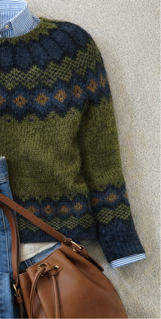 Nordic knit jumper sleeve in olive green with navy-blue fair isle cuff pattern