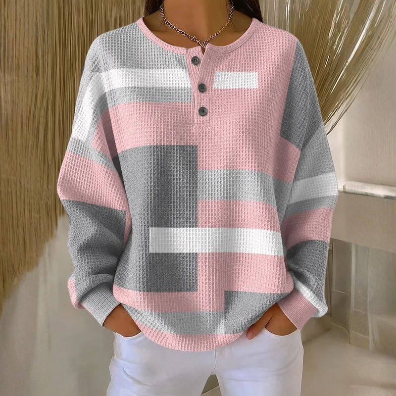 Vintage sweatshirt with pink and gray horizontal stripe henley, button placket