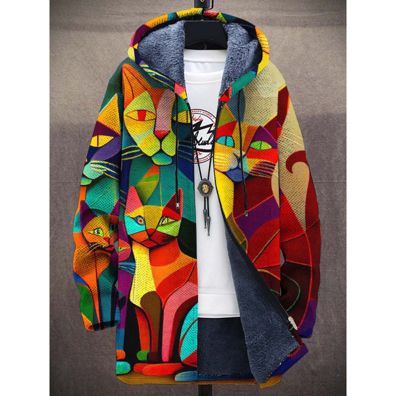 Multicolor cat-print cardigan with zip-front, hood, and dark fleece lining