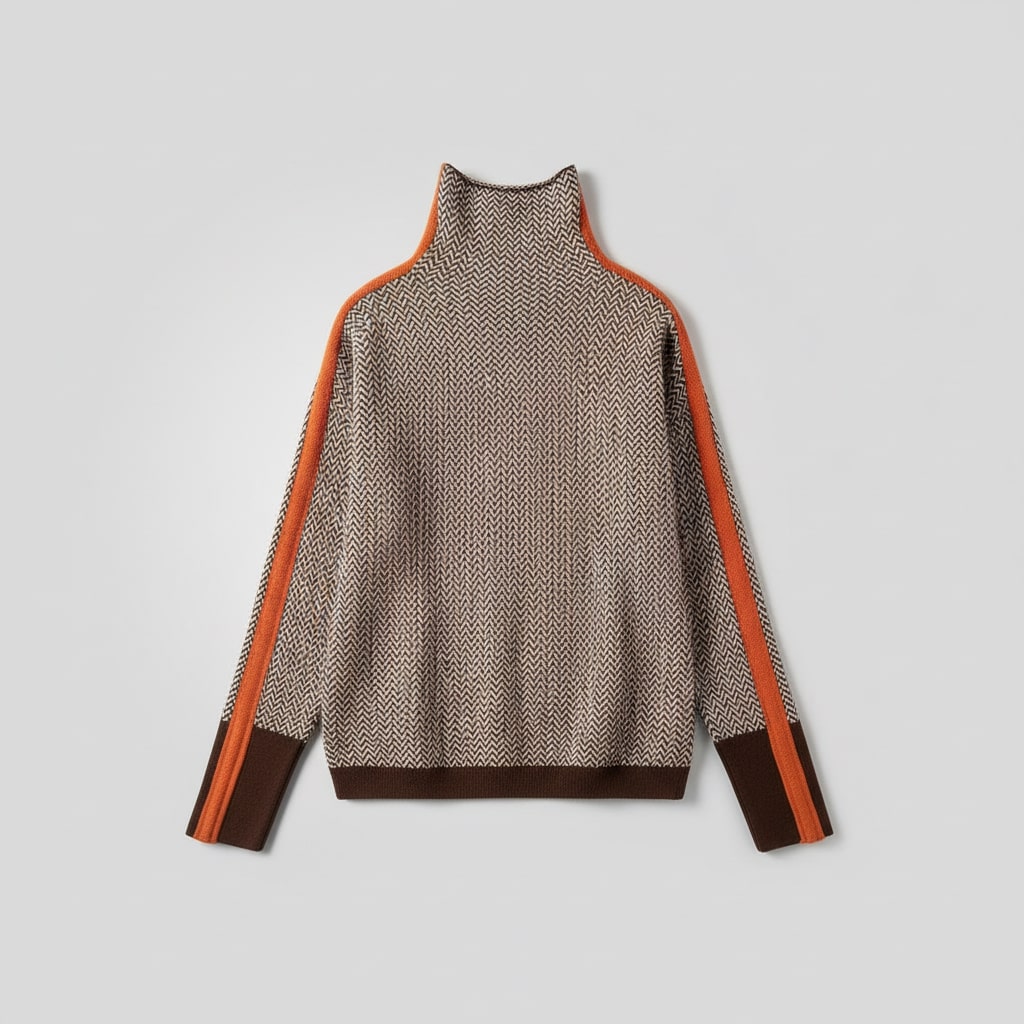 Women’s roll neck chevron knit jumper with orange side stripes and brown contrast hem