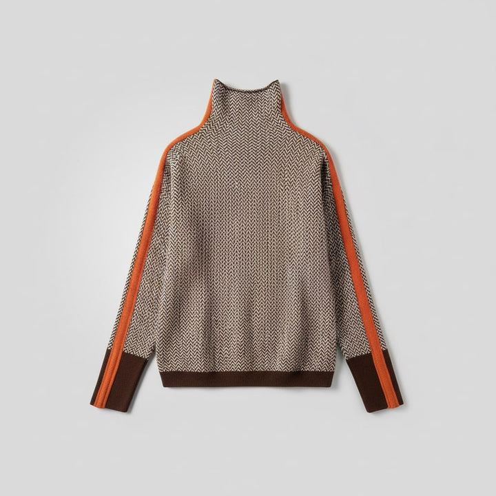 Women’s roll neck chevron knit jumper with orange side stripes and brown contrast hem
