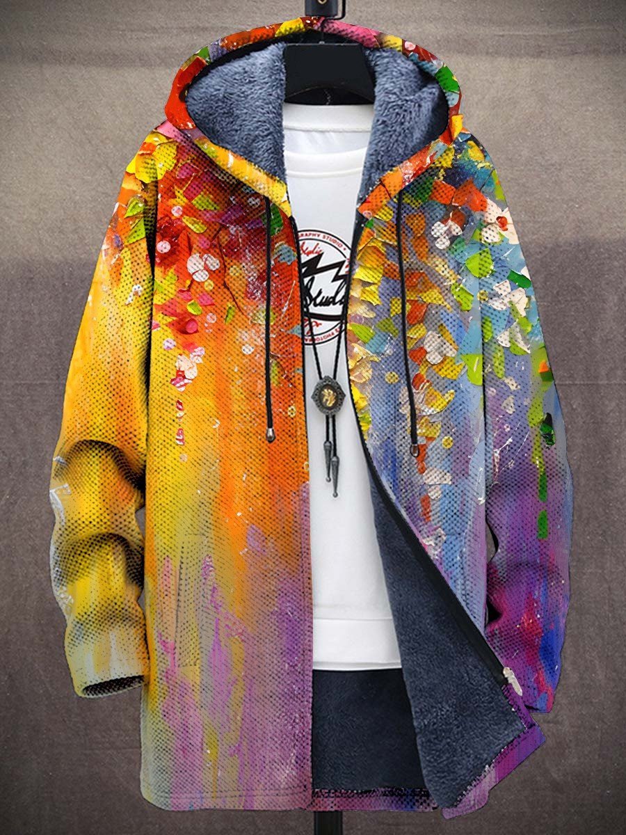 Multicolor luxury cardigan with hood, full zip, drawstring; abstract rainbow print