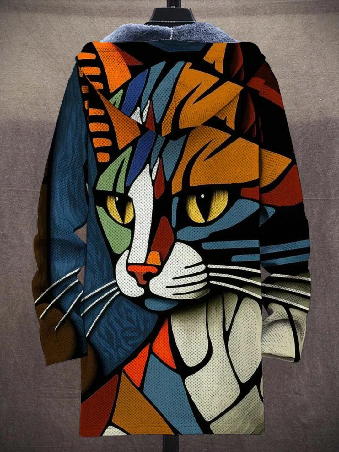 Multicolor luxury cardigan with hood, full zip; large cat face graphic on back