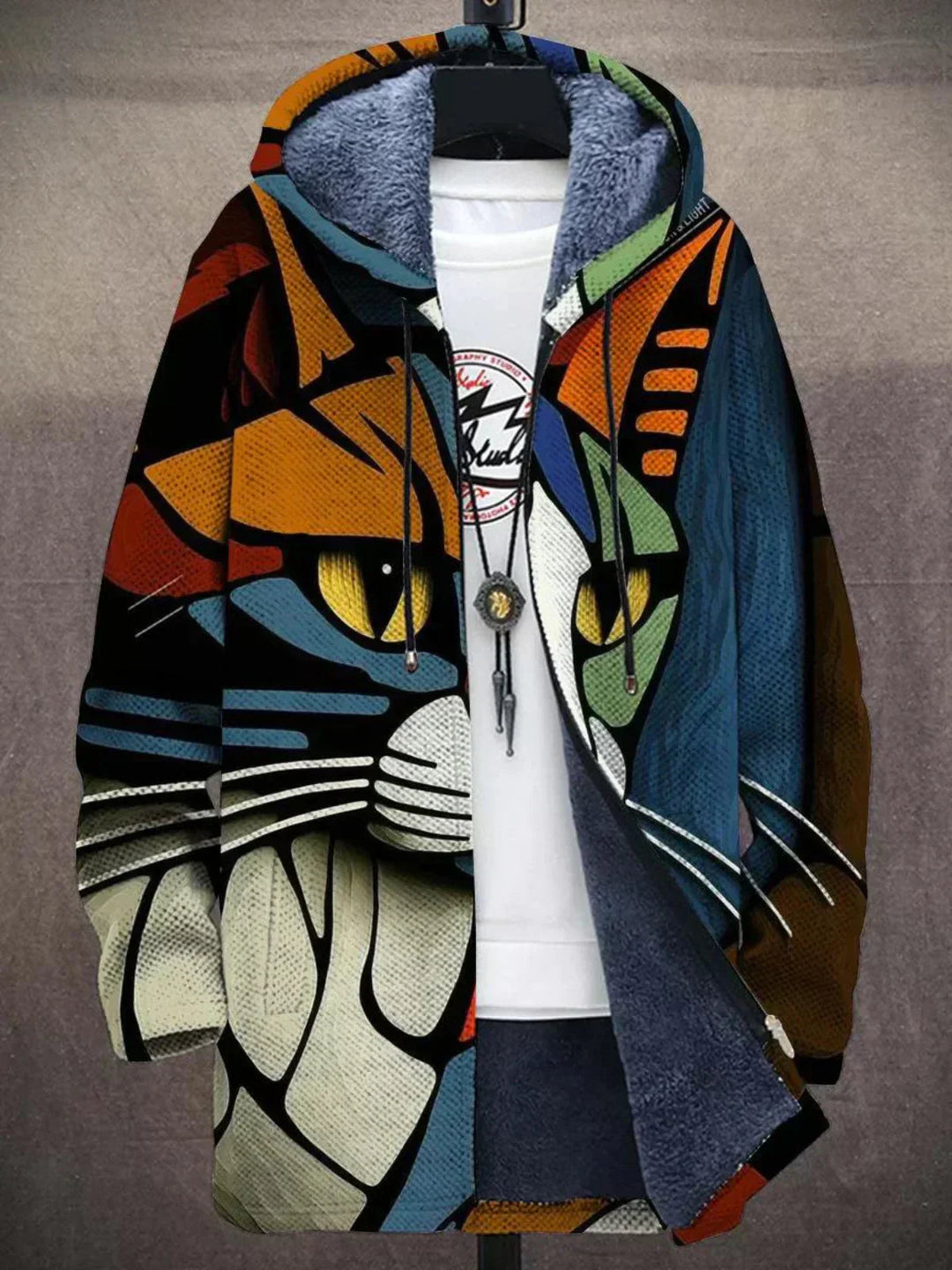 Multicolor luxury cardigan with hood, full zip; cat face graphic with geometric accents