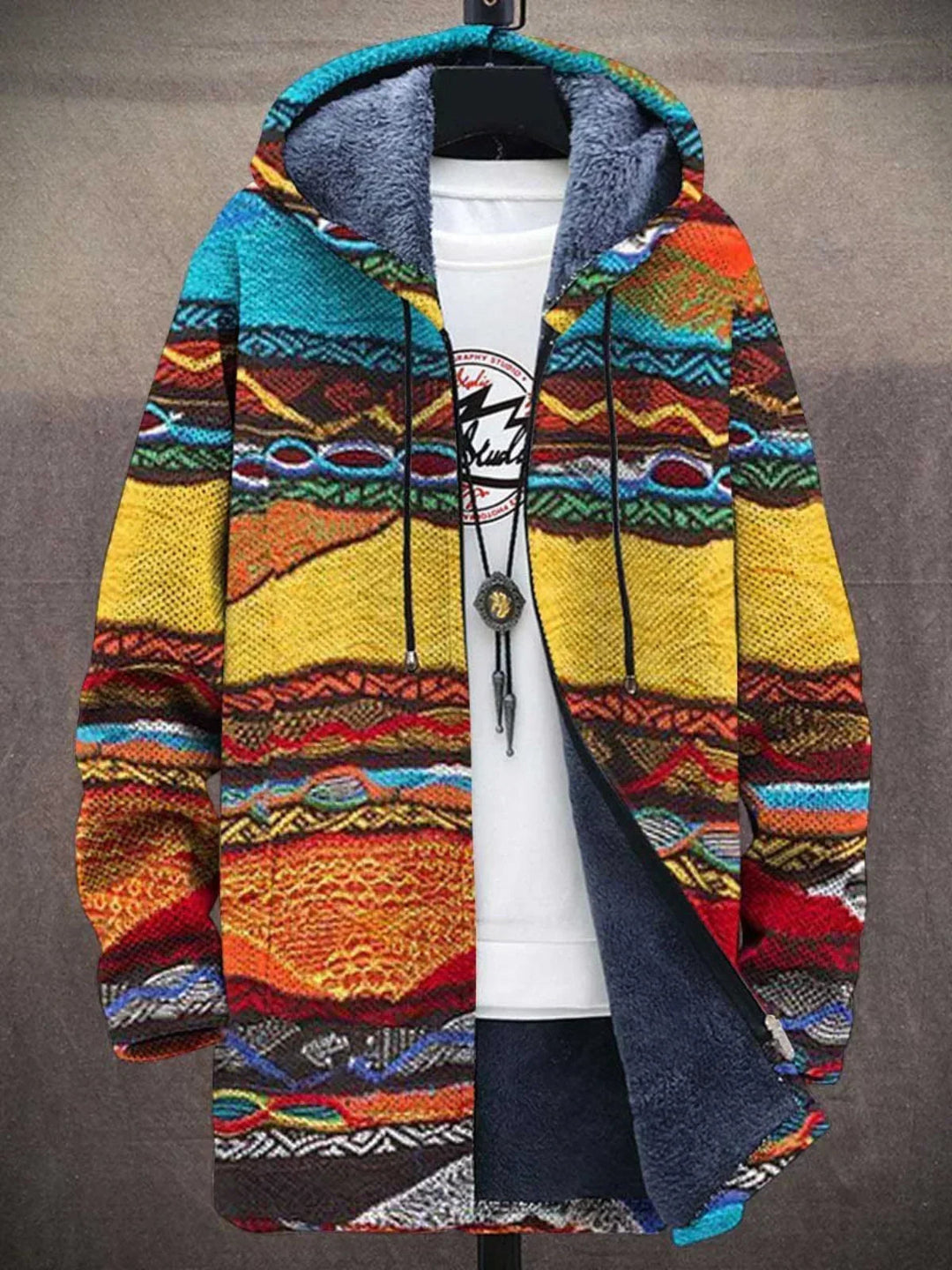 Multicolor luxury cardigan with hood, full zip, drawstring; woven-style stripe pattern