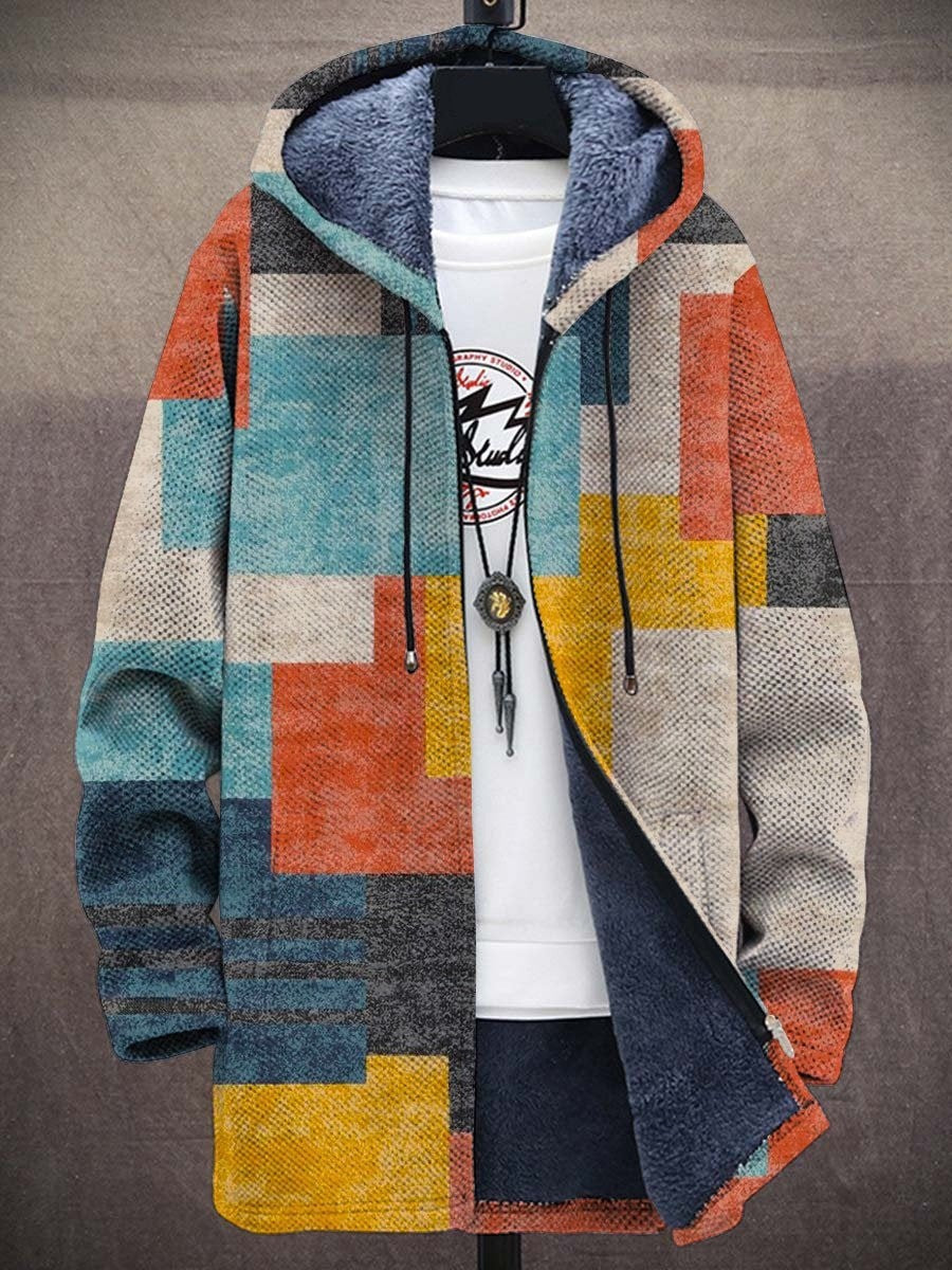 Multicolor luxury cardigan with hood, full zip, drawstring; large block plaid design
