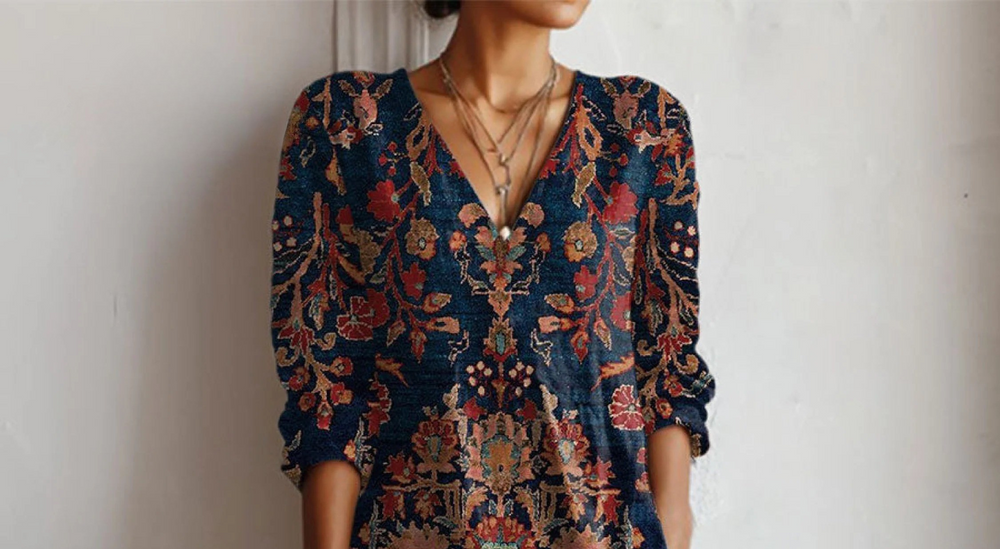 Navy floral pocket dress with deep V-neck and gathered long sleeves