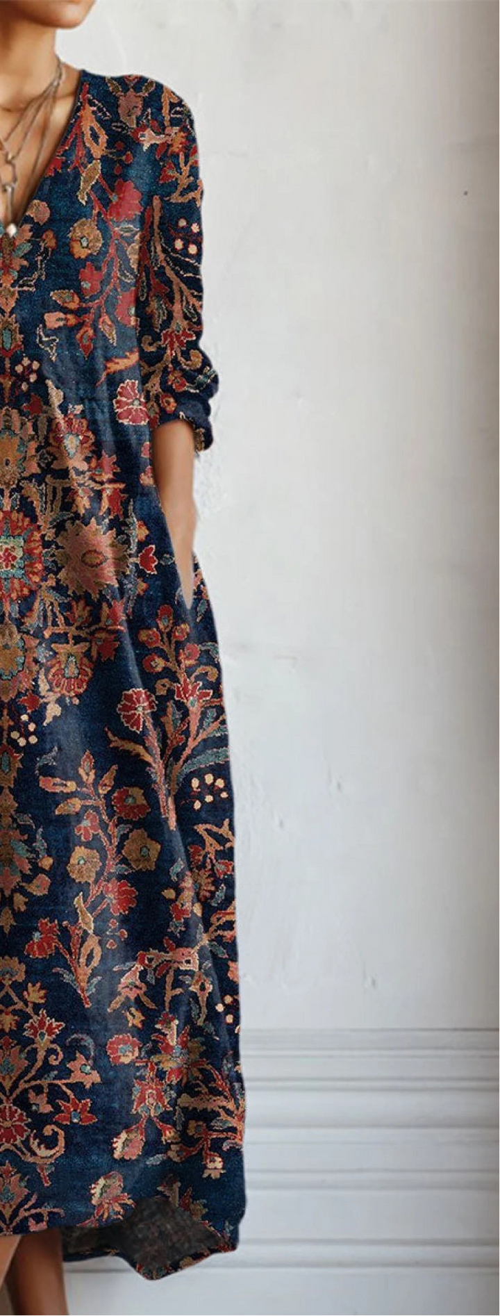 Navy floral pocket dress, midi length, V-neck, long sleeves with elastic cuffs