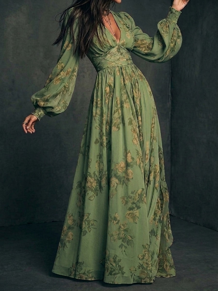 Josien green floral maxi dress, V-neck bodice, long gathered sleeves