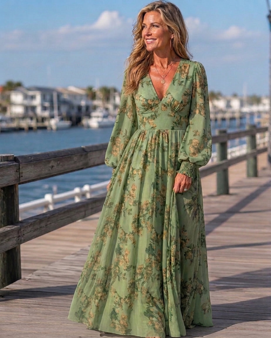 Josien floral maxi dress in green, V-neck, long puff sleeves, gathered waist