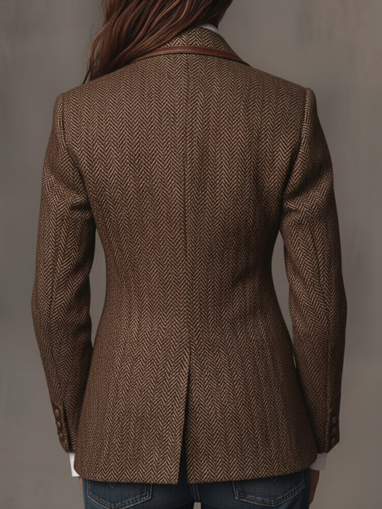 Back view of brown herringbone tweed blazer with single-breasted seam and smooth back