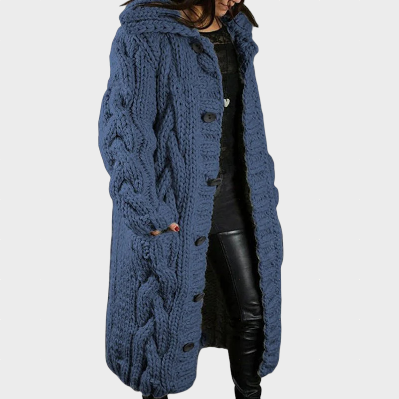 Blue cable-knit hooded cardigan with button front and textured cable pattern.