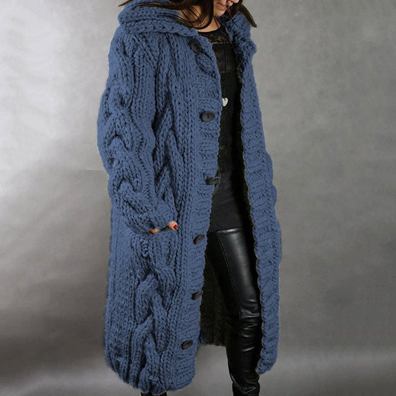 Blue long knit hooded vest with cable pattern and button-front closure