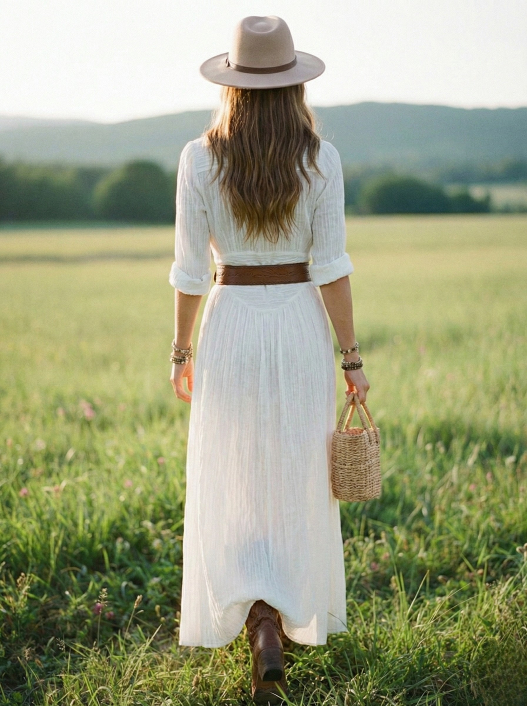 White layered maxi dress back view with gathered waist and button details, belt