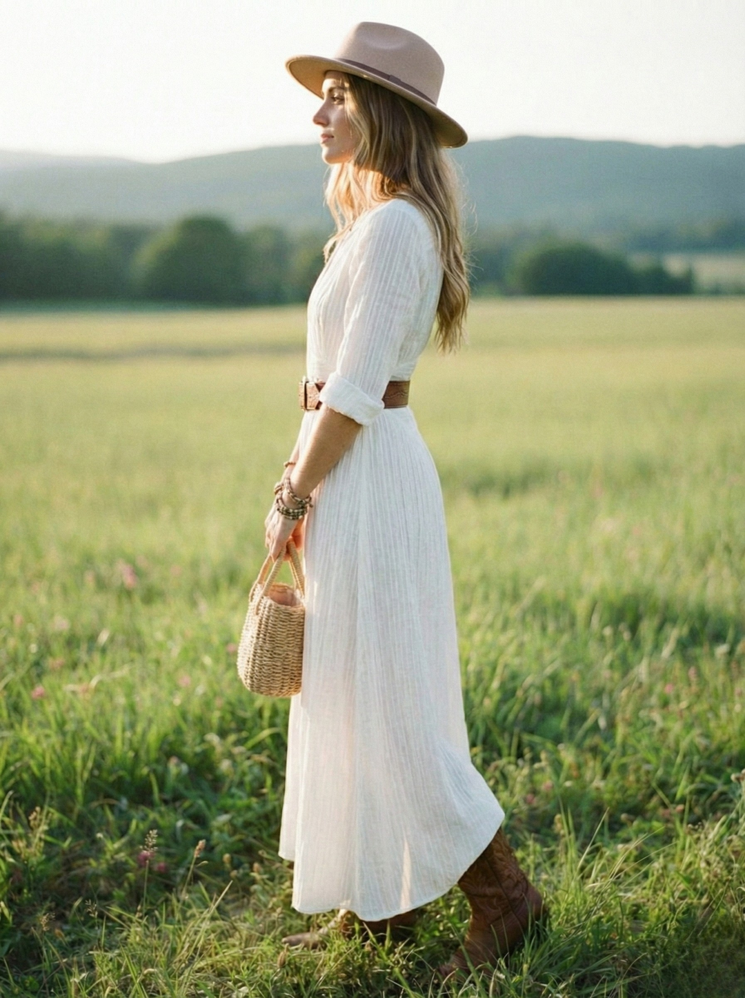 White layered maxi dress, button-front V-neck, 3/4 sleeves, side slit, belt