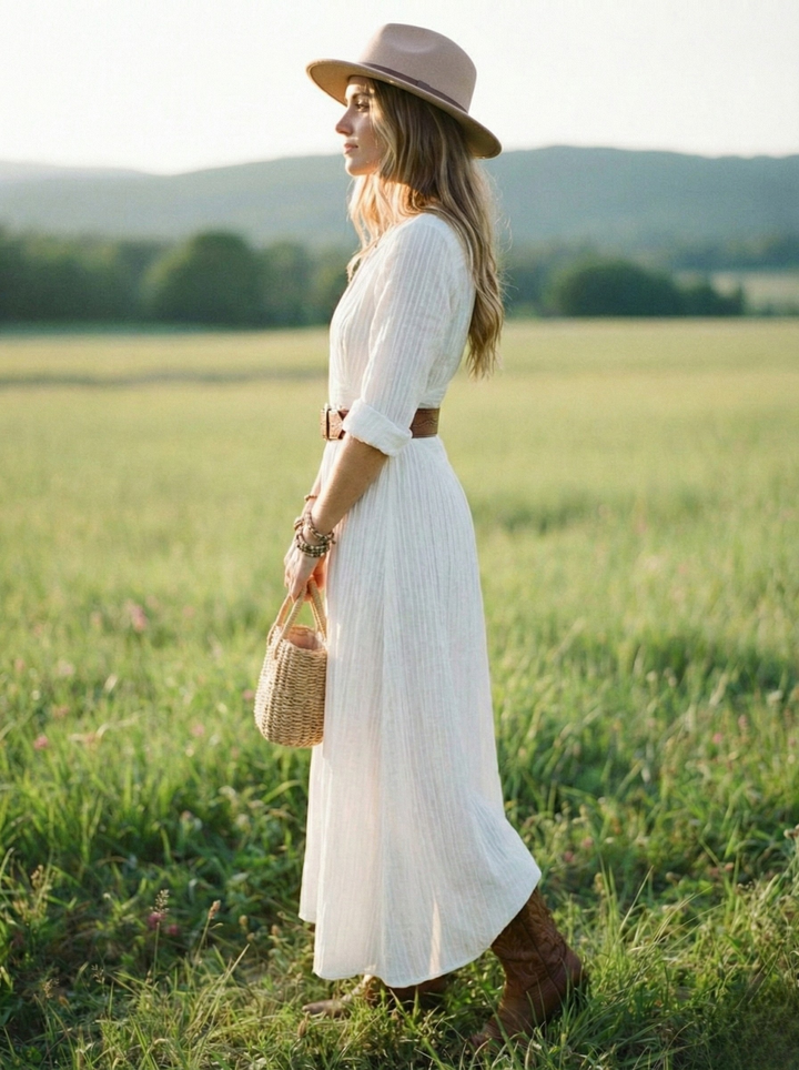 White layered maxi dress, button-front V-neck, 3/4 sleeves, side slit, belt