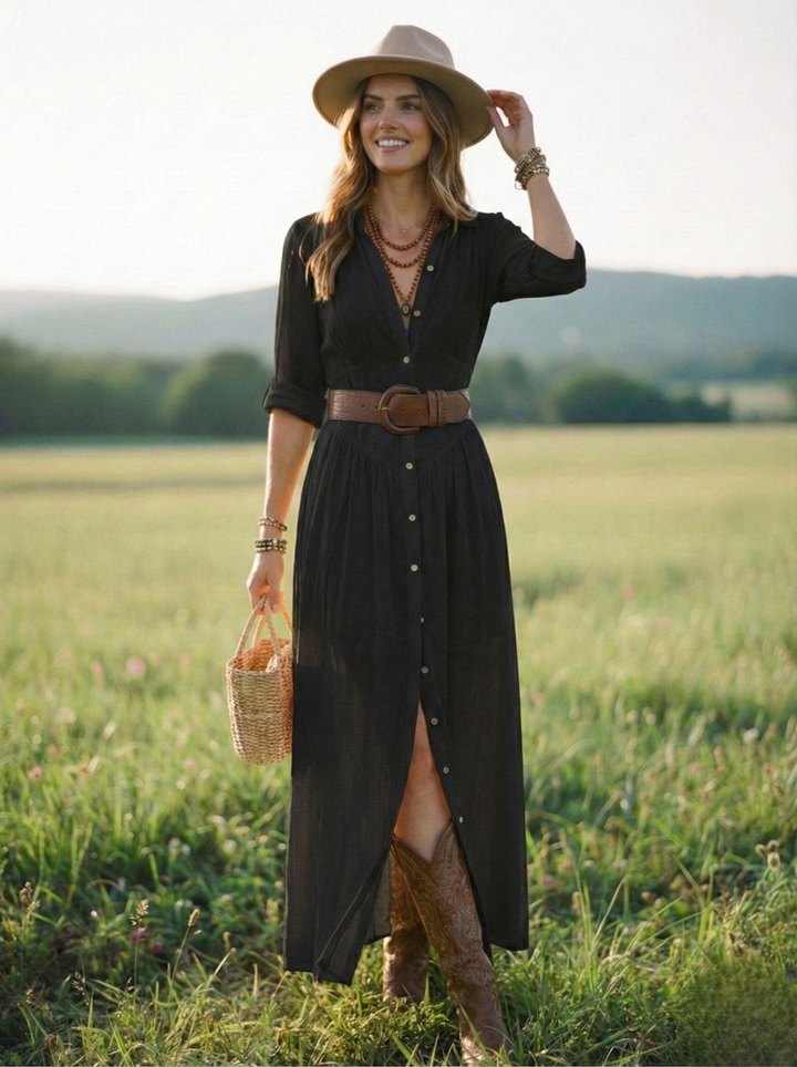 Black layered maxi dress with button-front V-neck, brown belt, side slit