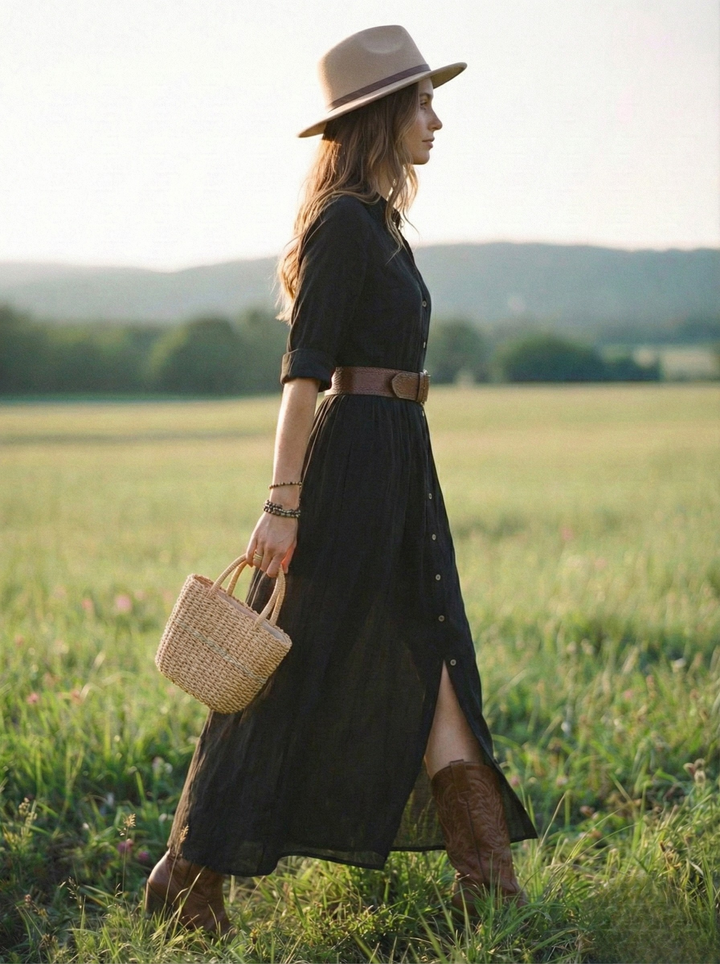 Black layered maxi dress with button details, side slit, brown belt, 3/4 sleeves