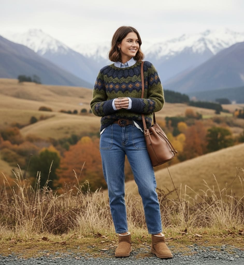 Nordic knit jumper in olive green with navy-blue fair isle yoke, worn with jeans