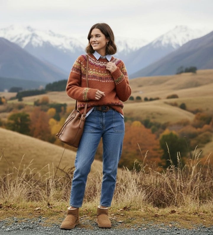 Rust orange knit jumper with multicolor patterned yoke worn with blue jeans