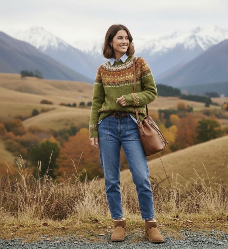 Green fair isle knit jumper with multicolor yoke worn with jeans and boots