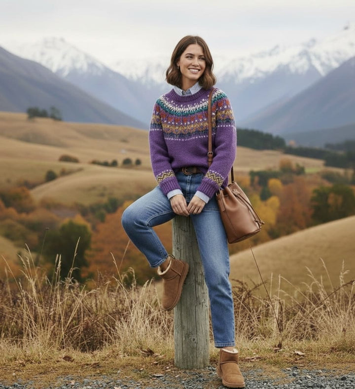 Purple vintage knit jumper with multicolor fair isle design and crew neckline