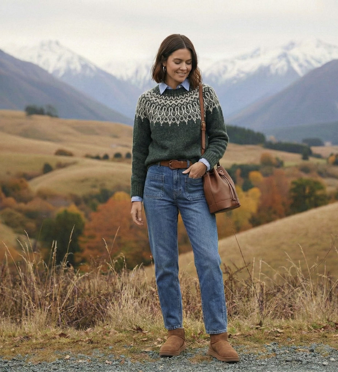 Green knit jumper with fair isle yoke, ribbed cuffs and crew neckline