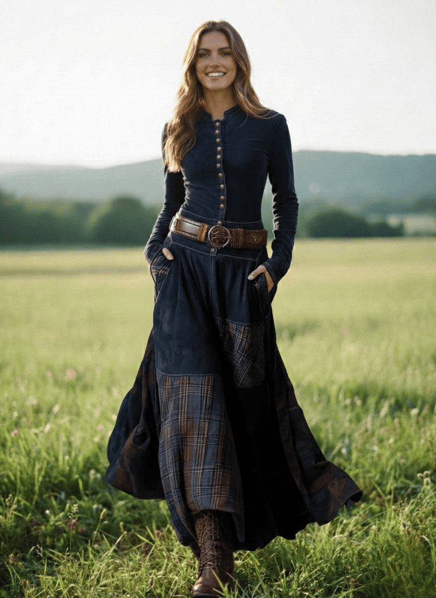 Navy faux suede maxi dress with button-front and plaid patchwork panels, brown belt.