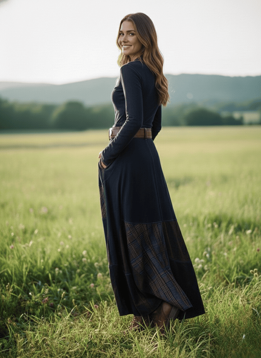 Navy faux suede maxi dress with long sleeves, belted waist, and plaid overlay skirt