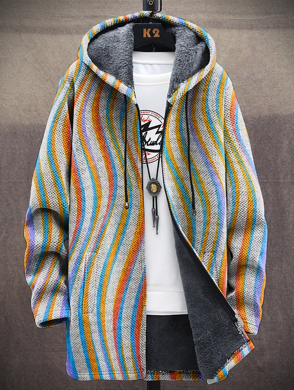 Multicolor striped hooded cardigan with zip front and ribbed cuffs