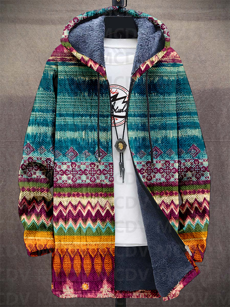 Multicolor hooded cardigan with patterned knit panels and dark inner hood lining