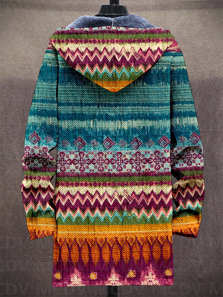 Multicolor hooded cardigan, back view, zigzag and diamond stripe pattern with dark hood