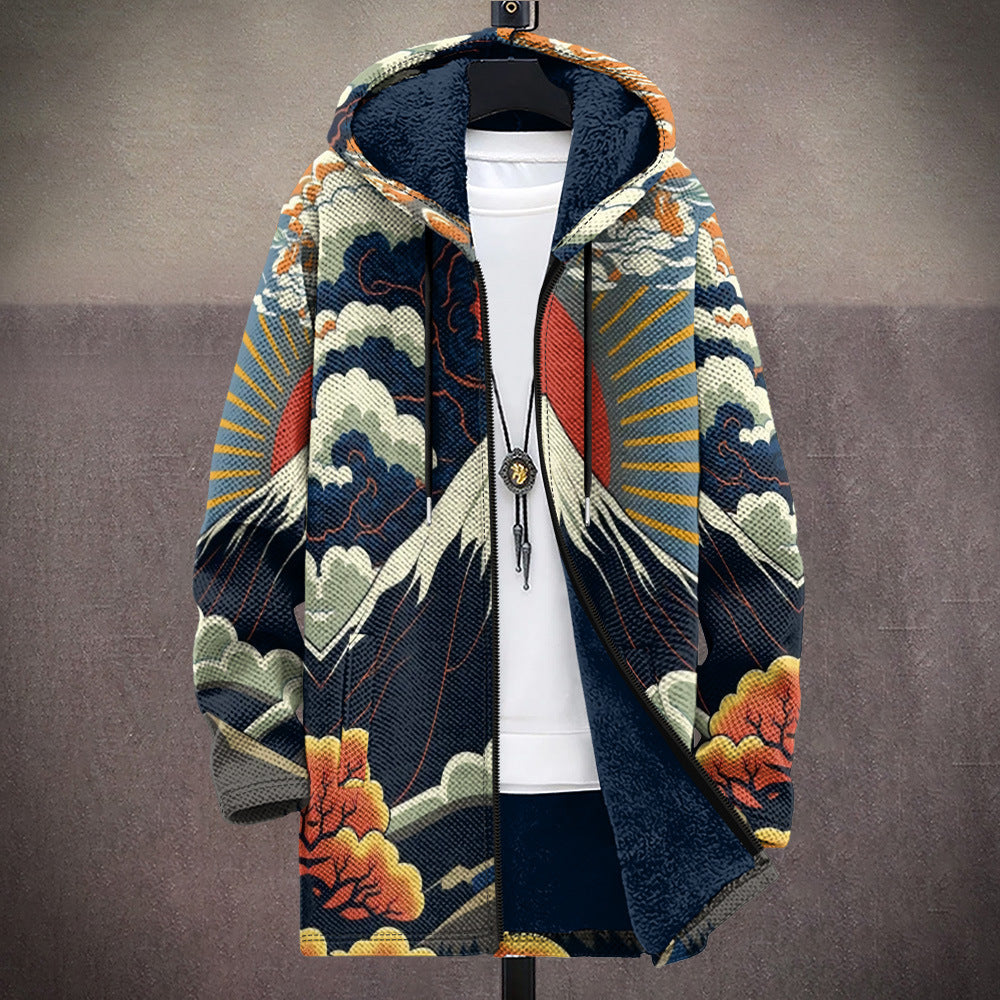 Multicolor floral and wave print luxury cardigan with hood, front zipper, textured lining