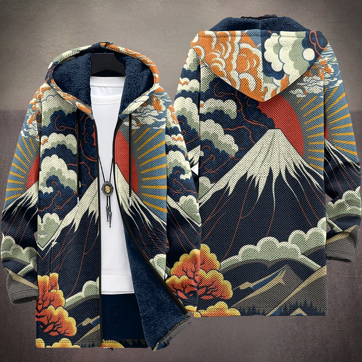 Multicolor graphic hooded cardigan with full-pattern back and front zipper, textured lining
